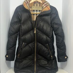 Burberry Black Puffer Jacket with Plaid Collar